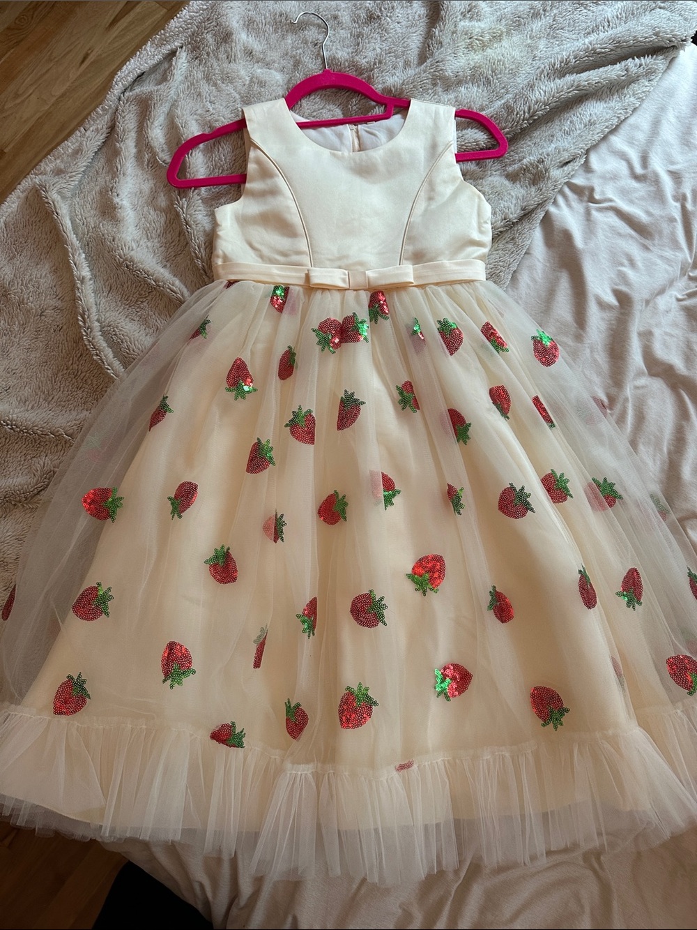 Cream Tulle Kids Party Dress with Red Strawberry Sequin Embroideries